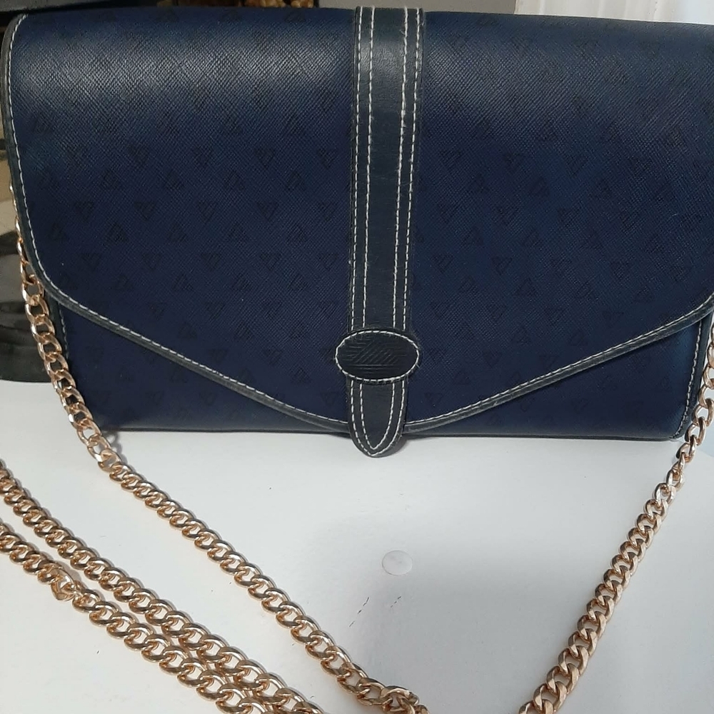 LIZ CLAIBORNE 1985 Vintage/Retired RARE Navy Logo #3 Envelope Bag w/ Chain Strap